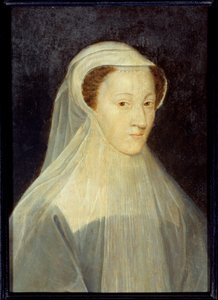 Portret van Marie Stuart (1542-1587), Koningin van Frankrijk en Koningin van Schotland in rouwkostuum. Schilderij van het atelier van Francois Clouet (1515-1572), circa 1560. Olieverf op hout. Afm: 0.37 x 0.26m. Parijs, Musee Carnavalet - Portret van Mary  door Francois (workshop of) Clouet