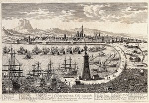 Uitzicht op de stad en de haven van Barcelona in de 18e eeuw. Gravure door Francois Antoine Aveline Barcelona, Museu d