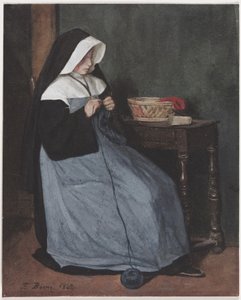 Een non aan een tafel aan het breien door François Bonvin