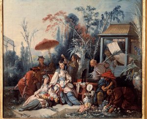 Chinese Tuin. Scène van Chinoiseries met een jonge vrouw omringd door bedienden. Schilderij door Francois Boucher (1703-1770) door François Boucher