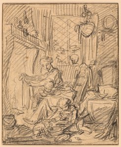 Huiselijke Scene: Moeder met Twee Kleine Kinderen voor een Schouw door François Boucher