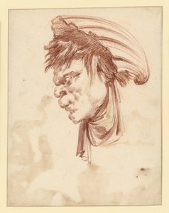 Grotesk hoofd in profiel naar links, met een schelp als hoofddeksel door François Boucher
