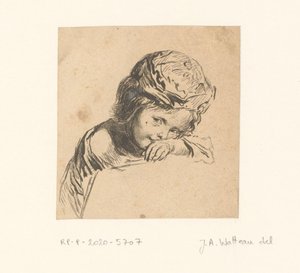 Kind met pet, leunend op een arm door François Boucher
