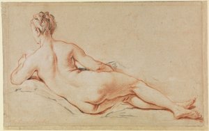 Liggend vrouwelijk naakt, gesteund op de linkerarm, gezien van achteren door François Boucher