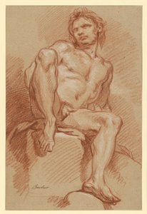 Naaktstudie van een man, zittend en van voren gezien door François Boucher