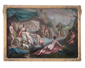 Olieverf op doek. Mythologisch schilderij: Artemis en haar gevolg worden tijdens het baden verrast door Akteion door François Boucher
