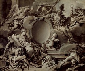 Ontwerp voor een cartouche: een allegorie van Minerva, Roem, Geschiedenis en Geloof die Onwetendheid en de Tijd overwinnen door François Boucher