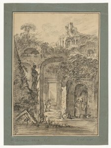 Landschap met Romeinse ruïnes en enkele figuren door François Boucher