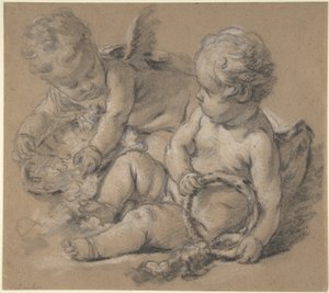Gevleugelde putti met bloemen door François Boucher