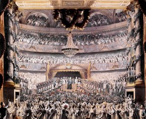 Lodewijk XVIII (1755-1824) woont het theater van Odeon bij op een feest gegeven door de Nationale Garde van Parijs in 1819 door Francois Buffet