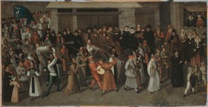 Processie van de Liga op het Île de la Cité, bij het verlaten van de Notre-Dame, ca. 1590 door Francois Bunel