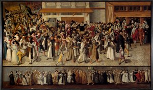 Religieuze oorlogen tussen katholieken en protestanten: Processie van de Liga om Notre Dame op het eiland La Cite te verlaten in 1593