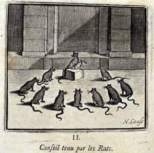 Raad gehouden door de Ratten. Fabels van Jean de La Fontaine. Illustratie door François Chauveau. Editie van 1728. door Francois Chauveau
