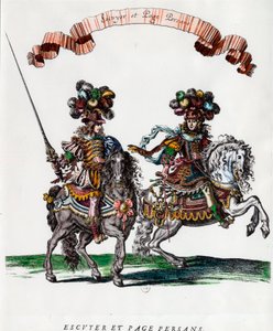 Ecuyer en Perzische pagina tijdens het carrousel gegeven door koning Lodewijk XIV. Gravure door Francois Chauveau rond 1662
