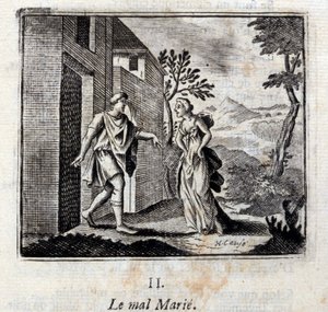 Kwaad trouwt. Fabels door Jean de La Fontaine (1621-95). Illustratie door François Chauveau (1613-1676). Editie van 1728.