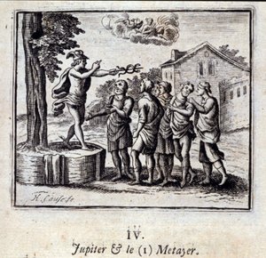 Jupiter en de Metayer. Fabels van Jean de La Fontaine. Illustratie door François Chauveau. Editie van 1728. door Francois Chauveau