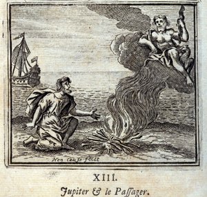 Jupiter en de Passagier. Fabels van Jean de La Fontaine. Illustratie door François Chauveau. Editie van 1728. door Francois Chauveau