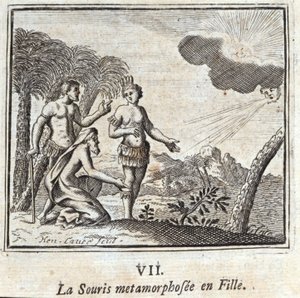 De muis die in een meisje veranderde. Fabels door Jean de La Fontaine (1621-95). Illustratie door François Chauveau (1613-1676). Editie van 1728.