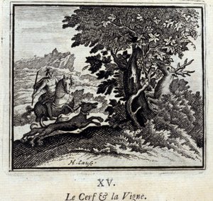 Het hert en de wijnstok. Fabels door Jean de La Fontaine (1621-95). Illustratie door François Chauveau (1613-1676). Editie van 1728. door Francois Chauveau