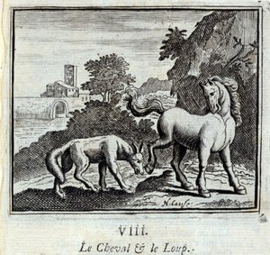 Het paard en de wolf. Fabels door Jean de La Fontaine (1621-95). Illustratie door François Chauveau (1613-1676). Editie van 1728. door Francois Chauveau