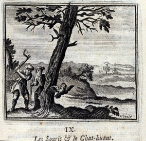 De Muizen en de Uil. Fabels van Jean de La Fontaine. Illustratie door François Chauveau. Editie van 1728.