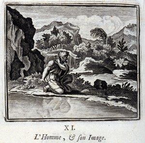 De Man en zijn beeld. Fabels van Jean de La Fontaine. Illustratie door François Chauveau. Editie van 1728.