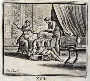 Man tussen twee leeftijden en zijn twee Meesteressen. Fabels van Jean de La Fontaine. Illustratie door François Chauveau. Editie van 1728. door Francois Chauveau