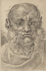 Masker van een kale man met pluizige bakkebaarden, uit Divers Masques door Francois Chauveau