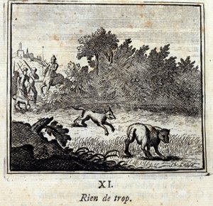 Niets te veel. Fabels van Jean de La Fontaine (1621-95). Illustratie door François Chauveau (1613-1676). Editie van 1728. door Francois Chauveau