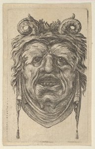 Satermasker met gekrulde hoorns, bladerige wenkbrauwen en een doek onder de kin. door Francois Chauveau