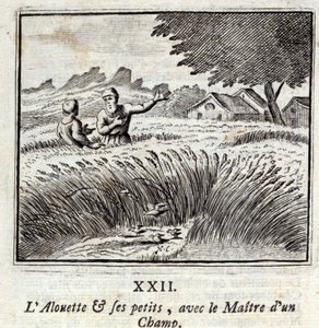 De leeuwerik en zijn jongen met de meester van een veld. Fabels door Jean de La Fontaine (1621-95). Illustratie door François Chauveau (1613-1676). Editie van 1728. door Francois Chauveau