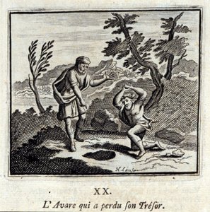 De vrek die zijn schat verloor. Fabels door Jean de La Fontaine (1621-95). Illustratie door François Chauveau (1613-1676). Editie van 1728. door Francois Chauveau