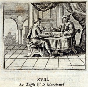 De Bassa en de koopman. Fabels door Jean de La Fontaine (1621-95). Illustratie door François Chauveau (1613-1676). Editie van 1728. door Francois Chauveau