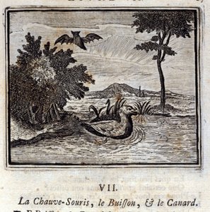 De vleermuis, de struik en de eend. Fabels van Jean de La Fontaine. Illustratie door François Chauveau. Editie van 1728. door Francois Chauveau