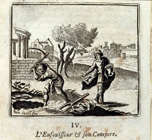 De brander en zijn kompaan. Fabels van Jean de La Fontaine (1621-95). Illustratie door François Chauveau (1613-1676). Editie van 1728.