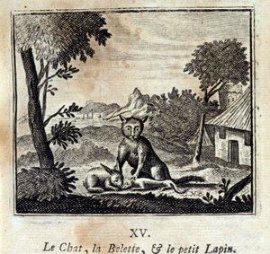 De kat, de wezel en het konijntje. Fabels van Jean de La Fontaine. Illustratie door François Chauveau. Editie van 1728. door Francois Chauveau