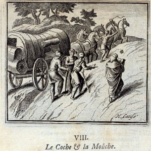 De koets en de vlieg. Fabels door Jean de La Fontaine. Illustratie door François Chauveau. Editie van 1728