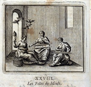 De dochters van Minée. Fabels door Jean de La Fontaine. Illustratie door François Chauveau. Editie van 1728 door Francois Chauveau