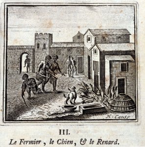 De Boer, de Hond en de Vos. Fabels van Jean de La Fontaine. Illustratie door François Chauveau. Editie van 1728.