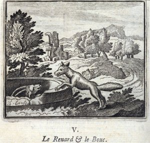 De Vos en de Bouc. Fabels van Jean de La Fontaine. Illustratie door François Chauveau. Editie van 1728. door Francois Chauveau