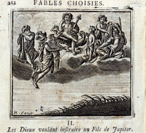 De goden die een zoon van Jupiter willen onderwijzen. Fabels door Jean de La Fontaine (1621-95). Illustratie door François Chauveau (1613-1676). Editie van 1728. door Francois Chauveau