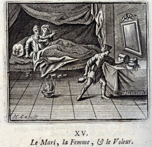 De Echtgenoot, de Vrouw en de Dief. Fabels van Jean de La Fontaine. Illustratie door François Chauveau. Editie van 1728. door Francois Chauveau