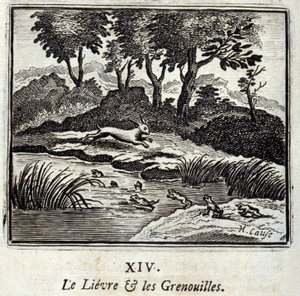 De haas en de kikkers. Fabels van Jean de La Fontaine (1621-95). Illustratie door François Chauveau (1613-1676). Editie van 1728. door Francois Chauveau