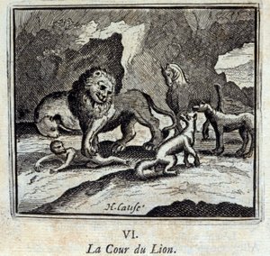 Het hof van de leeuw. Fabels door Jean de La Fontaine (1621-95). Illustratie door François Chauveau (1613-1676). Editie van 1728.