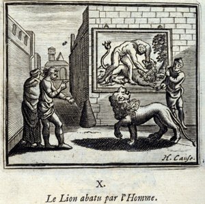 De leeuw neergeschoten door de mens. Fabels van Jean de La Fontaine (1621-95). Illustratie door François Chauveau (1613-1676). Editie van 1728.