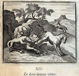 De Leeuw werd oud. Fabels van Jean de La Fontaine. Illustratie door François Chauveau. Editie van 1728. door Francois Chauveau