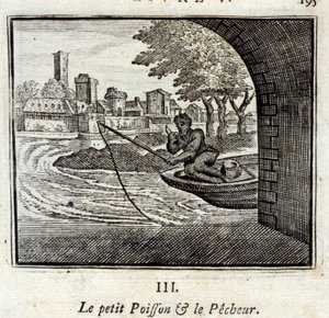De kleine vis en de visser. Fabels door Jean de La Fontaine (1621-95). Illustratie door François Chauveau (1613-1676). Editie van 1728. door Francois Chauveau