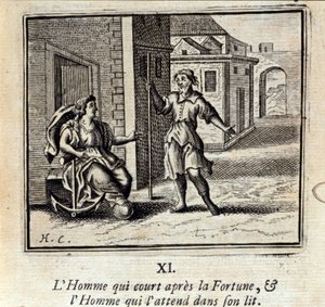 De man die achter het fortuin aanrent en de man die op hem wacht in bed. Fabels door Jean de La Fontaine (1621-95). Illustratie door François Chauveau (1613-1676). Editie van 1728.
