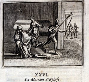 De matrone van Efeze. Fabels door Jean de La Fontaine (1621-95). Illustratie door François Chauveau (1613-1676). Editie van 1728.