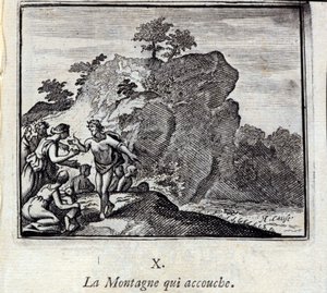 De Berg die baart. Fabels van Jean de La Fontaine. Illustratie door François Chauveau. Editie van 1728.